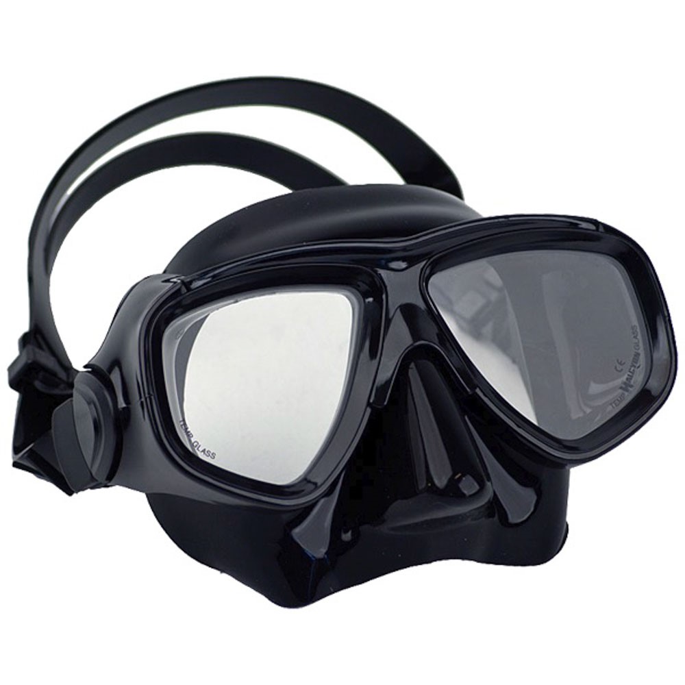 Low-profile dual lens mask, with black frame and black skirt